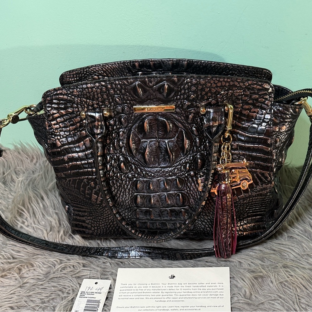 Brahmin Nadia Satchel Duck Elegant Black Crocodile-Embossed Women's Bag